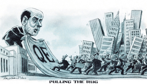 Γελοιογραφία από την εφημερίδα Financial Times. Ο τερματισμός της “ποσοτικής χαλάρωσης” από τον Μπερνάνκι τραβάει το χαλί από την παγκόσμια οικονομία